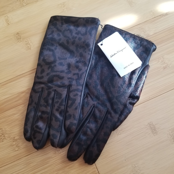 ๐ธ NWT Salvatore Ferragamo Leopard Print Leather Cashmere Lining Women's Gloves - Picture 4 of 9